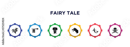 fairy tale filled icons with infographic template. glyph icons such as hydra, fanfare, talking tree, werewolf, merman, jolly roger vector.