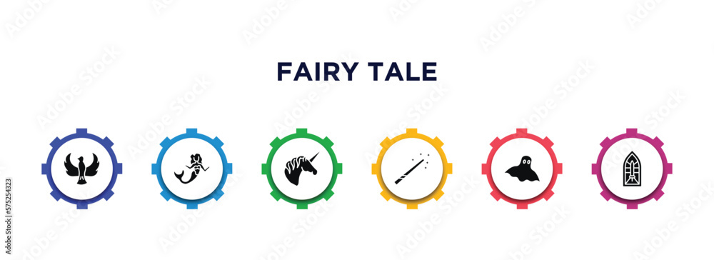 fairy tale filled icons with infographic template. glyph icons such as phoenix, mermaid, unicorn, magic wand, ghost, stained glass vector.