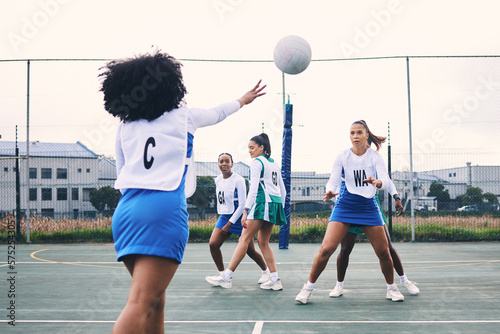 Obraz na plátně Fitness, sports and netball match by women at outdoor court for training, workout and practice