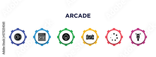 arcade filled icons with infographic template. glyph icons such as game, bingo, spades, handheld game, spinner, puppet show vector.