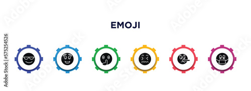 emoji filled icons with infographic template. glyph icons such as cool emoji, excited emoji, quiet disgusted lying sick vector.
