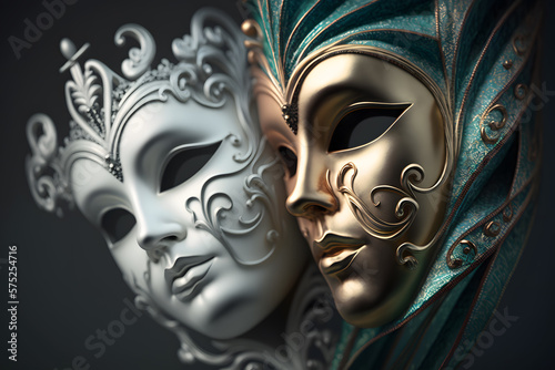 Venetian masks art closeup 3d illustration made with Generative AI © yuniazizah