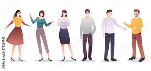 set of character man and woman in casual wear standing vector illustration

