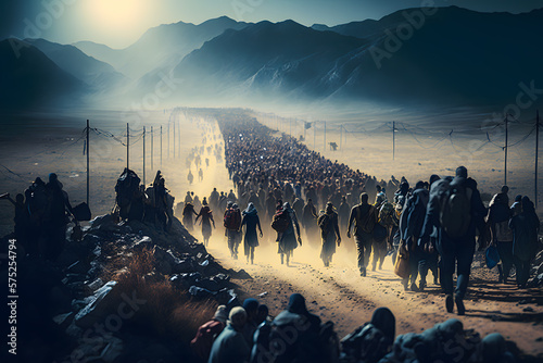 Crowd of refugee people goes in a line and a humanitarian disaster zone to cross the border into another country. Generative AI