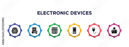 electronic devices filled icons with infographic template. glyph icons such as asic miner, ice cream maker, calculator, mobile phone, plug, book reader vector.