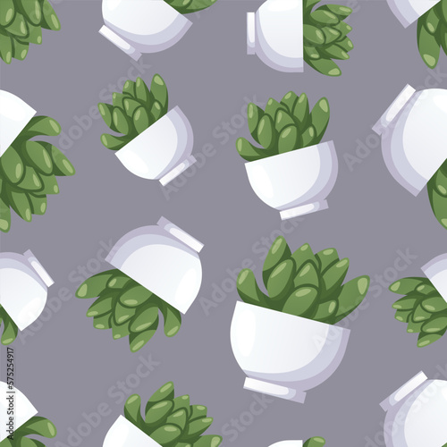 Seamless pattern with cactus succulent houseplant in pot. Indoor potted house plant in flowerpot. Home garden, greenhouse, gardening lover. Domestic store wallpaper, scrapbooking, textile, wrapping