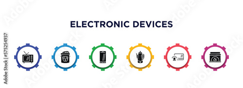 electronic devices filled icons with infographic template. glyph icons such as television, pressure cooker, phones, pertor, burglar alarm, furnace vector.