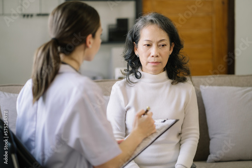 Stressed senior old patient are treated by a psychologist or psychiatrist in a psychiatric clinic or hospital. Patients reported symptoms of depression  stress  irritability  and life problems.