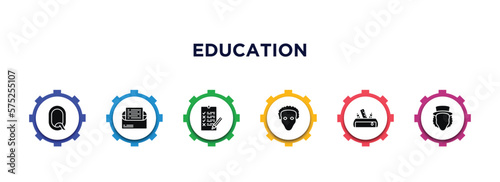 education filled icons with infographic template. glyph icons such as letter, invitation, exam, othello, pencil case, eugene onegin vector.