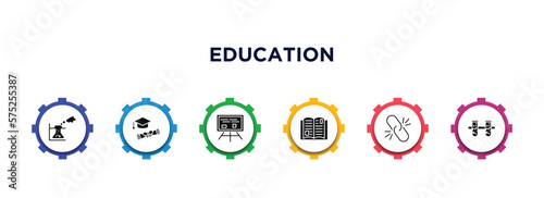 education filled icons with infographic template. glyph icons such as experimentation, graduation diploma, writing whiteboard, reading an open book, binding, communicating vessels vector.