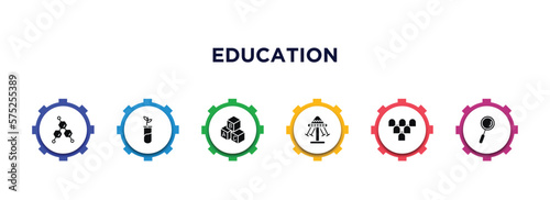 education filled icons with infographic template. glyph icons such as chemical formula, plant sample, baby abc cubes, swinging, grandstand, magnification lens vector.