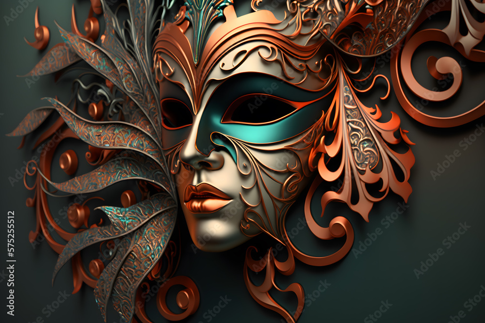 Venetian masks art closeup 3d illustration made with Generative AI