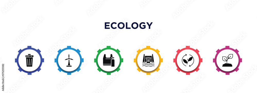 ecology filled icons with infographic template. glyph icons such as waste, wind turbine, plastic, hydro power, renewable, eco plant vector. ecology filled icons with infographic template. glyph icons such as waste, wind turbine, plastic, hydro power, renewable, eco plant vector.