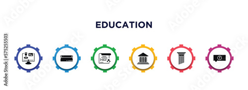 education filled icons with infographic template. glyph icons such as online class, closed envelope, sealed diploma, bank, greek pillar, unknown topic vector.