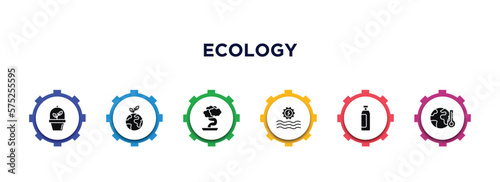 ecology filled icons with infographic template. glyph icons such as ecologism, green earth, bonsai, hydraulic energy, plastic bottle, greenhouse effect vector.