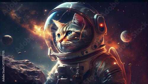 Fotografie, Obraz Gato astronauta en primer plano vista de la escafandra o casco de astronauta con un mundo de fondo en el espacio profundo
