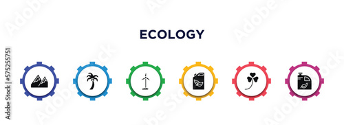 ecology filled icons with infographic template. glyph icons such as snowy mountains, coconut tree, wind mills, biofuel, shamrock, biodiesel vector.