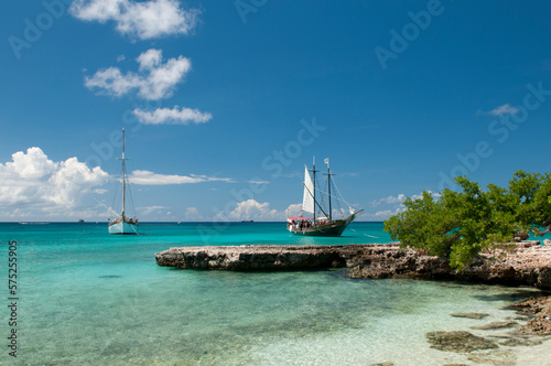 Sailboat anchored along the tropical shores of Aruba