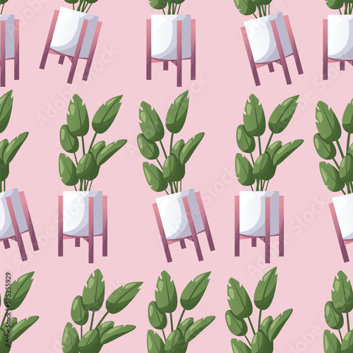 Seamless pattern with monstera decorative houseplant in pot. Indoor potted house plant in flowerpot. Home garden, greenhouse, gardening lover. Domestic store wallpaper, scrapbooking, textile