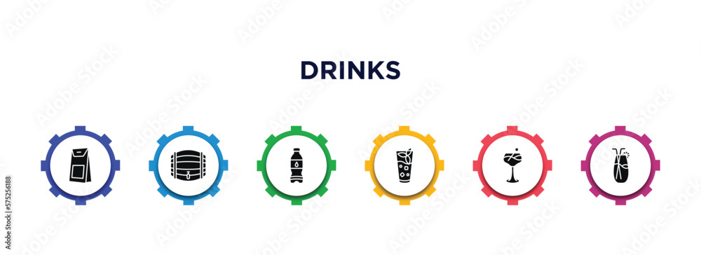 drinks filled icons with infographic template. glyph icons such as coffee bag, cask, water jug, mint julep, last word drink, planter's punch vector. drinks filled icons with infographic template. glyph icons such as coffee bag, cask, water jug, mint julep, last word drink, planter's punch vector.