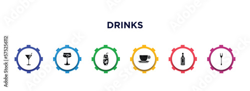drinks filled icons with infographic template. glyph icons such as martini, martinez, ice tea, espresso, grain, forks vector.