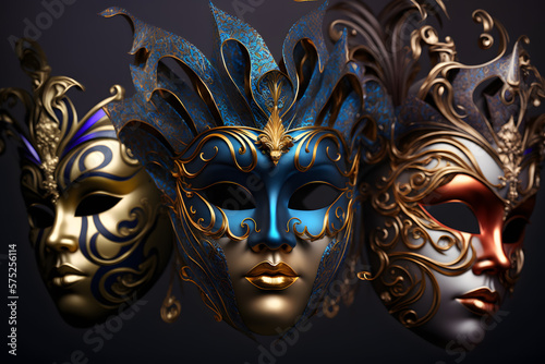 Venetian masks art closeup 3d illustration made with Generative AI