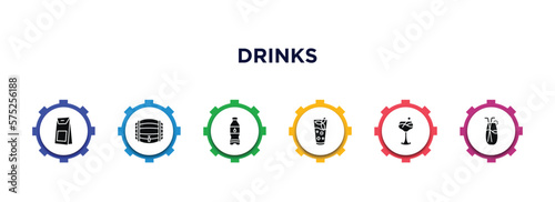 drinks filled icons with infographic template. glyph icons such as coffee bag, cask, water jug, mint julep, last word drink, planter's punch vector.