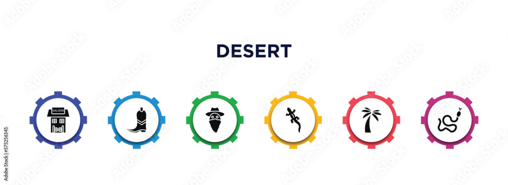 desert filled icons with infographic template. glyph icons such as desert saloon, far west boot, outlaw, lizard, palm, snake vector. desert filled icons with infographic template. glyph icons such as desert saloon, far west boot, outlaw, lizard, palm, snake vector.