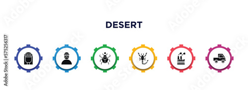 desert filled icons with infographic template. glyph icons such as cleopatra, bandit, scarab, scorpion, industry, pick up vector.