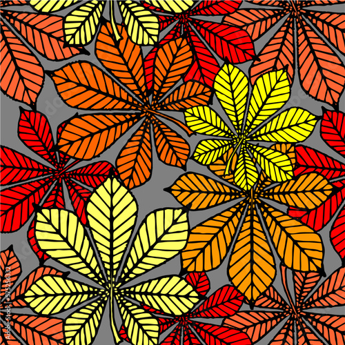 bright autumn seamless pattern of chestnut yellow and red leaves on a gray background, texture, design