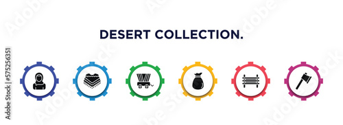 desert collection. filled icons with infographic template. glyph icons such as arab, poncho, wild west cart, old money bag, paddock, ax vector.