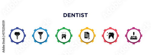dentist filled icons with infographic template. glyph icons such as implant, implant fixture, broken tooth, medical prescription, tooth whitening, interproximal vector.