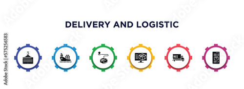 delivery and logistic filled icons with infographic template. glyph icons such as container, ship by sea, delivery destination, delivery monitor, free by website vector.
