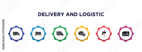 delivery and logistic filled icons with infographic template. glyph icons such as shipping, cargo train, delivery truck, delivery tings, postbox, waybill vector.