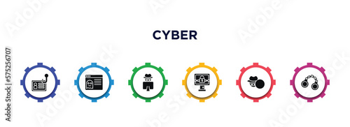 cyber filled icons with infographic template. glyph icons such as identity theft, rootkit, hacking, ransomware, stalking, crime vector. © IconArt