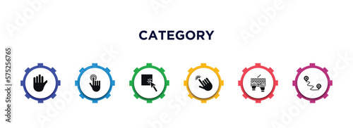 category filled icons with infographic template. glyph icons such as hold, clicker, select, pointer, typing, navigation vector.