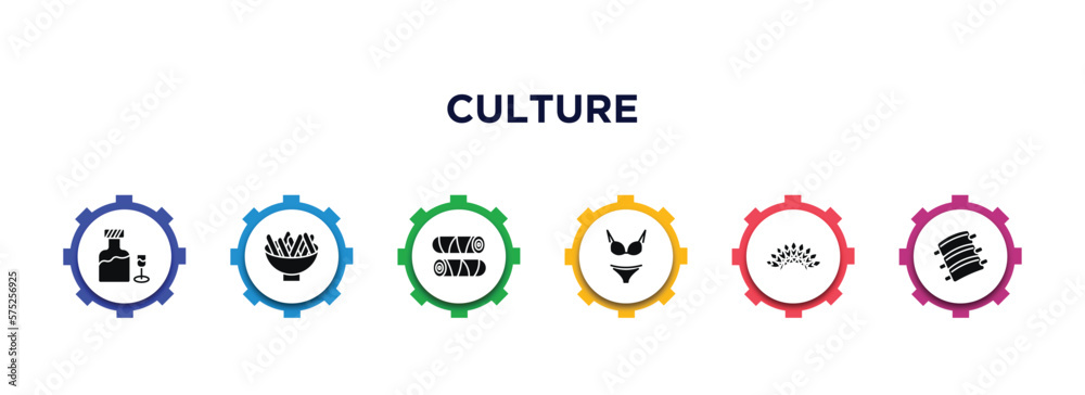 culture filled icons with infographic template. glyph icons such as orujo, beef and garlic, egg roll, female bikini piece, indian headdress, pork ribs vector. culture filled icons with infographic template. glyph icons such as orujo, beef and garlic, egg roll, female bikini piece, indian headdress, pork ribs vector.