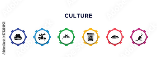 culture filled icons with infographic template. glyph icons such as cork hat, pico cao, brazil carnival mask, food stall, cantonese fish, australian kangaroo vector.