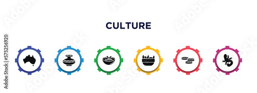 culture filled icons with infographic template. glyph icons such as australian continent, native american pot, gazpacho, sweet and sour pork, mantecados, gecko top view shape vector.