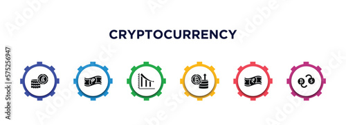 cryptocurrency filled icons with infographic template. glyph icons such as pound sterling, peso, loss, crypto invest, rupee, exchange vector.
