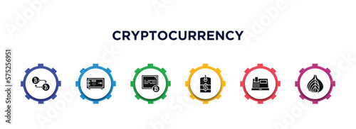 cryptocurrency filled icons with infographic template. glyph icons such as peer to peer, strongbox, bonds, dollar tag, cash hine, tor vector.
