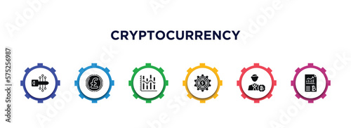cryptocurrency filled icons with infographic template. glyph icons such as digital key, pound, stocks, economy gear, banker, crypto hash rate vector.