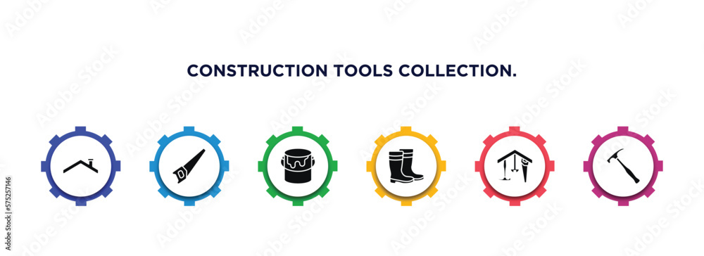 construction tools collection. filled icons with infographic template. glyph icons such as roof, saw, open paint bucket, rubber boots, home repair, brick hammer vector. construction tools collection. filled icons with infographic template. glyph icons such as roof, saw, open paint bucket, rubber boots, home repair, brick hammer vector.