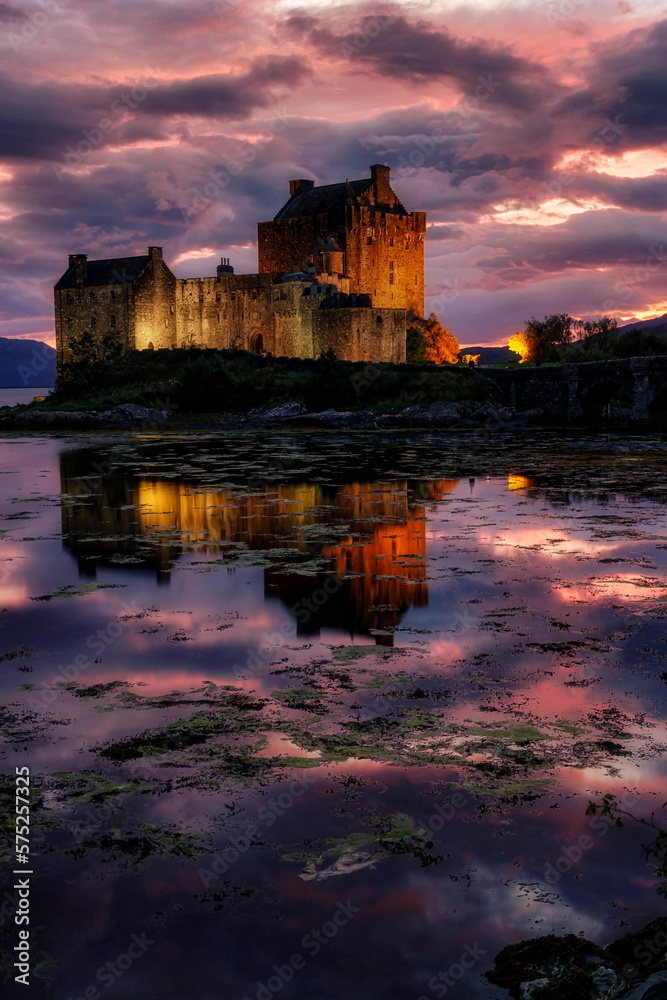 Sunset at Eilean Donan Castle, Highlands, Scotland.