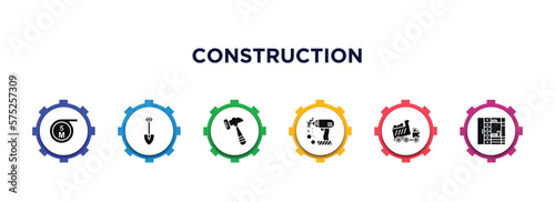 construction filled icons with infographic template. glyph icons such as five meters ruler, inclined shovel, inclined hammer, electric drill, dump truck, big clo vector.