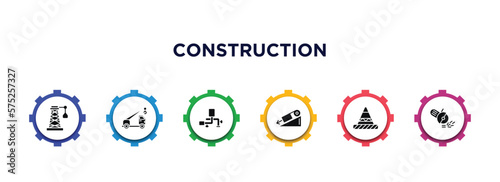 construction filled icons with infographic template. glyph icons such as derrick with boxes, crane truck, adjustment system, inclined, road stopper, angle grinder vector.
