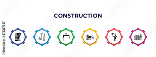 construction filled icons with infographic template. glyph icons such as nail gun, constructions, stopcock, derrick with tong, man painting, vector.