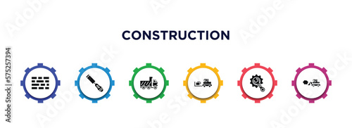 construction filled icons with infographic template. glyph icons such as birck wall, chisel, tipper, trolley truck, wrench and gear, little snowplow vector.
