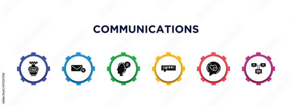 communications filled icons with infographic template. glyph icons such as ink bottle, delete email, theory, swearing, i love you, constructivism vector. communications filled icons with infographic template. glyph icons such as ink bottle, delete email, theory, swearing, i love you, constructivism vector.