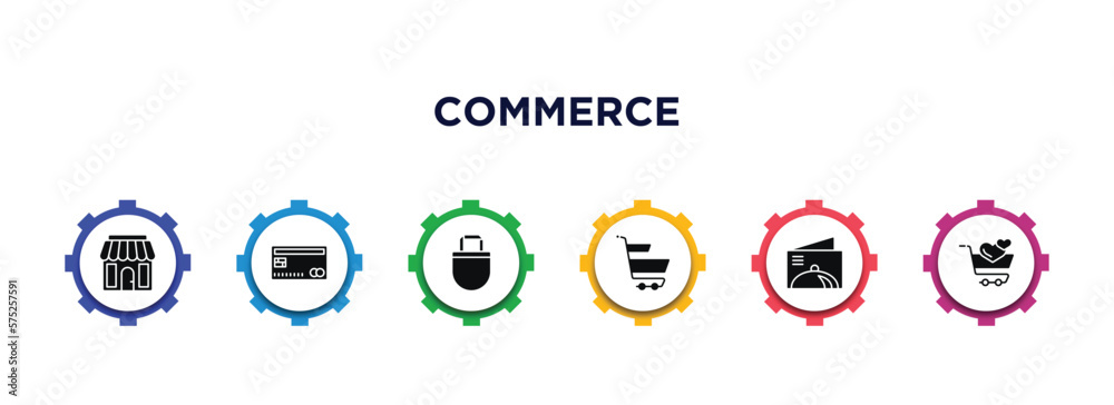 commerce filled icons with infographic template. glyph icons such as front store with awning, big credit card, tote bag, supermarket basket, restaurant card, solidarity purchase vector. commerce filled icons with infographic template. glyph icons such as front store with awning, big credit card, tote bag, supermarket basket, restaurant card, solidarity purchase vector.